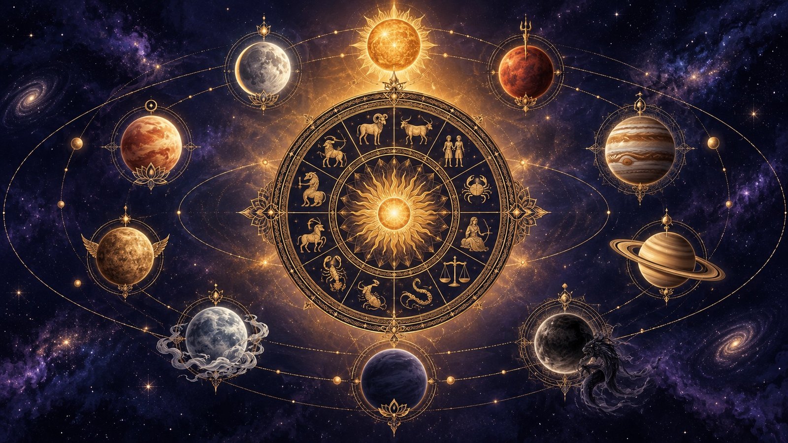 Celestial Vedic astrology artwork with planets orbiting a golden zodiac wheel