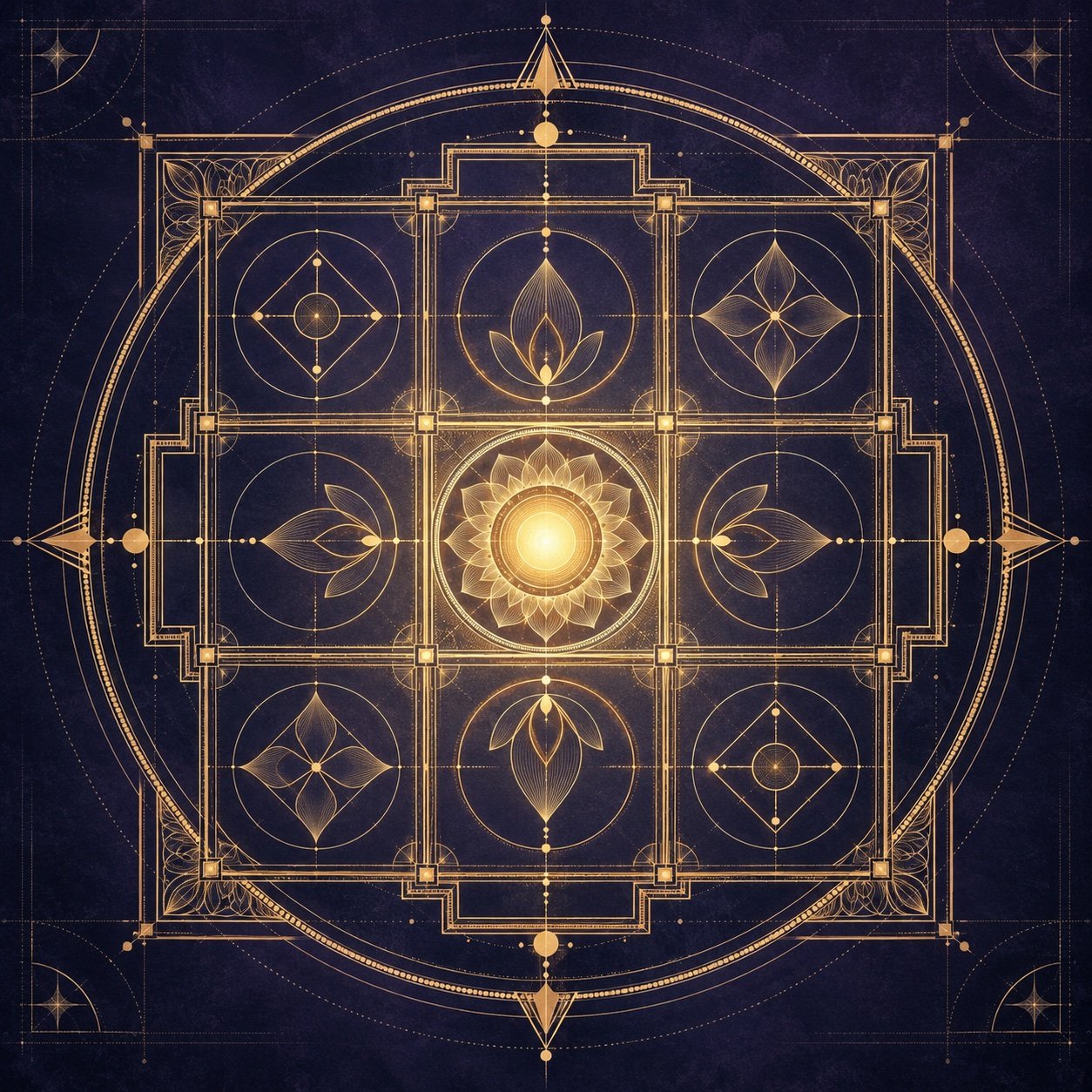 Golden Vaastu mandala and directional energy grid on a deep indigo background